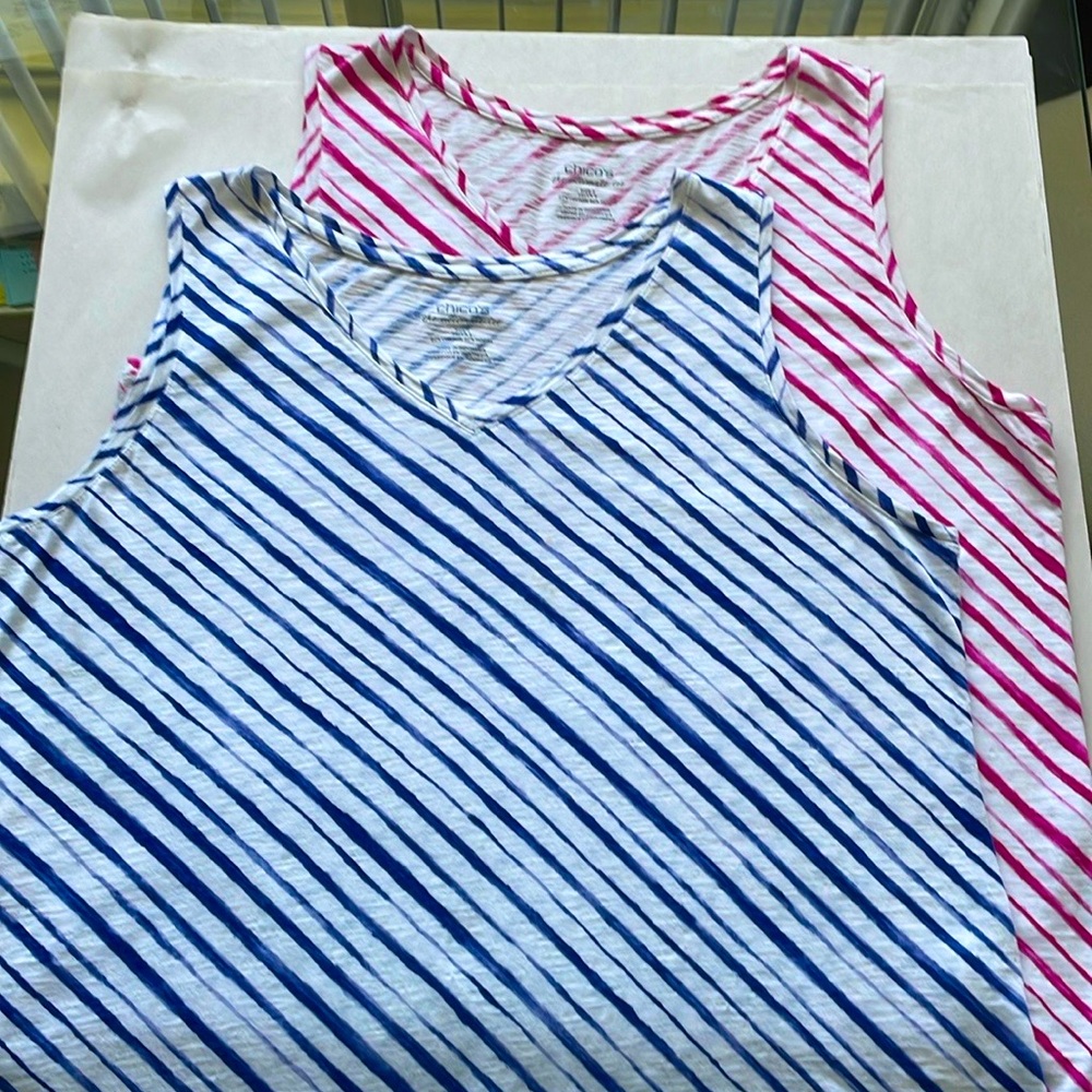 BUNDLE (2) CHICOS TOPS TEES SIZE 3 (L-XL) SLEEVELESS HOT PINK- NAVY STRIPE MODAL